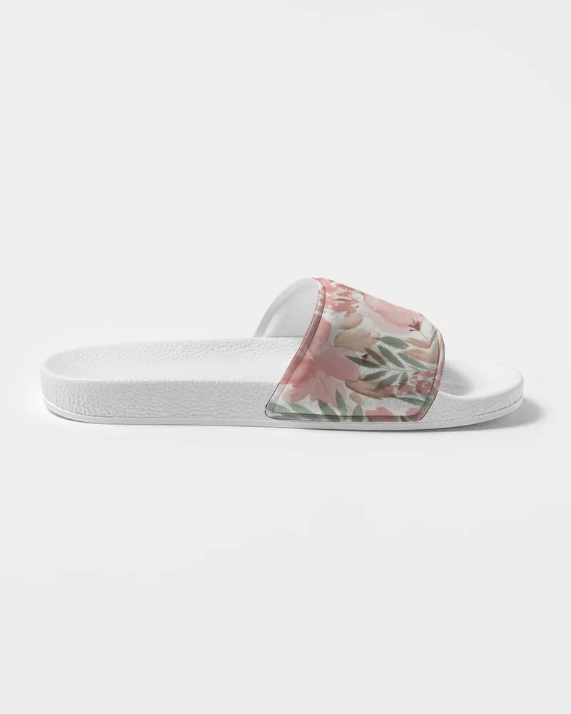 Pink Flowers Women Slides Sandals, Watercolor Floral White Designer Shoe Girls Flat Wedge Vegan Faux Leather Slippers Flip Flops Slip On