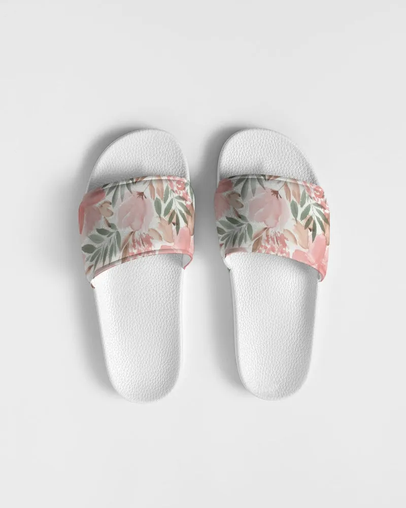 Pink Flowers Women Slides Sandals, Watercolor Floral White Designer Shoe Girls Flat Wedge Vegan Faux Leather Slippers Flip Flops Slip On