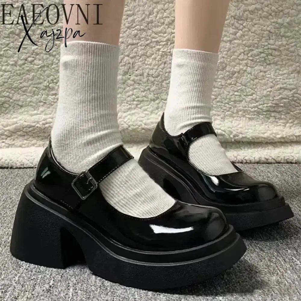 Platform Mary Jane Shoes 2024 New Women's Shoes Women Thick Heels Trendy Street Lolita Shoes Round Toe Ankle Strap  Pumps