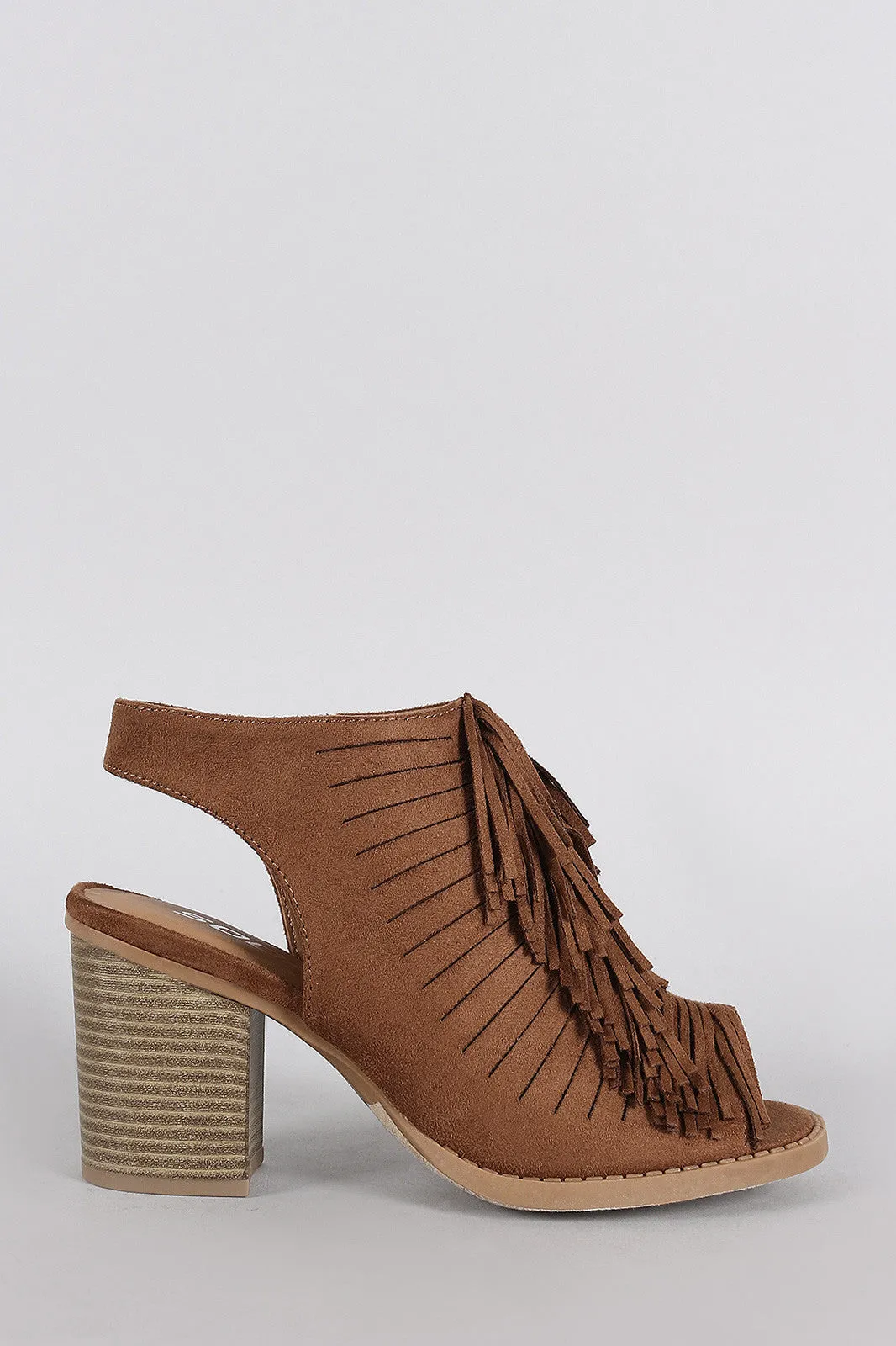 Soda Suede Fringe Peep Toe Mule Chunky Heel