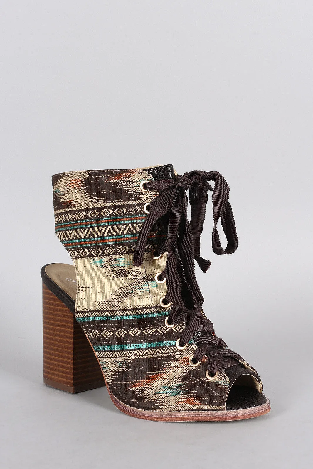 Tribal Lace Up Peep Toe Mule Chunky Heel