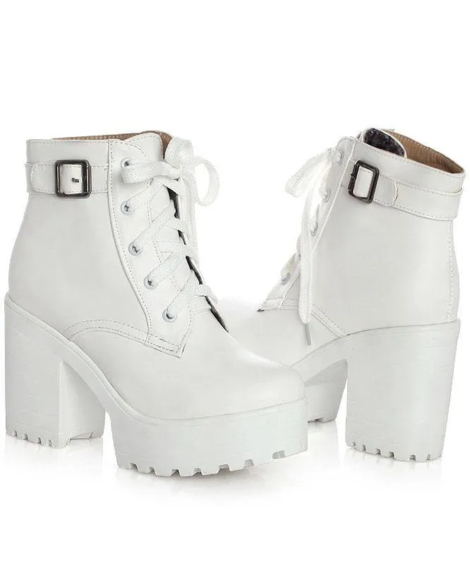 White Boots Cross Strap Chunky Boots