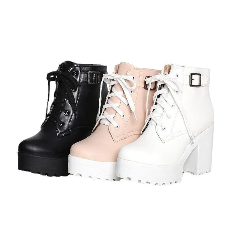 White Boots Cross Strap Chunky Boots