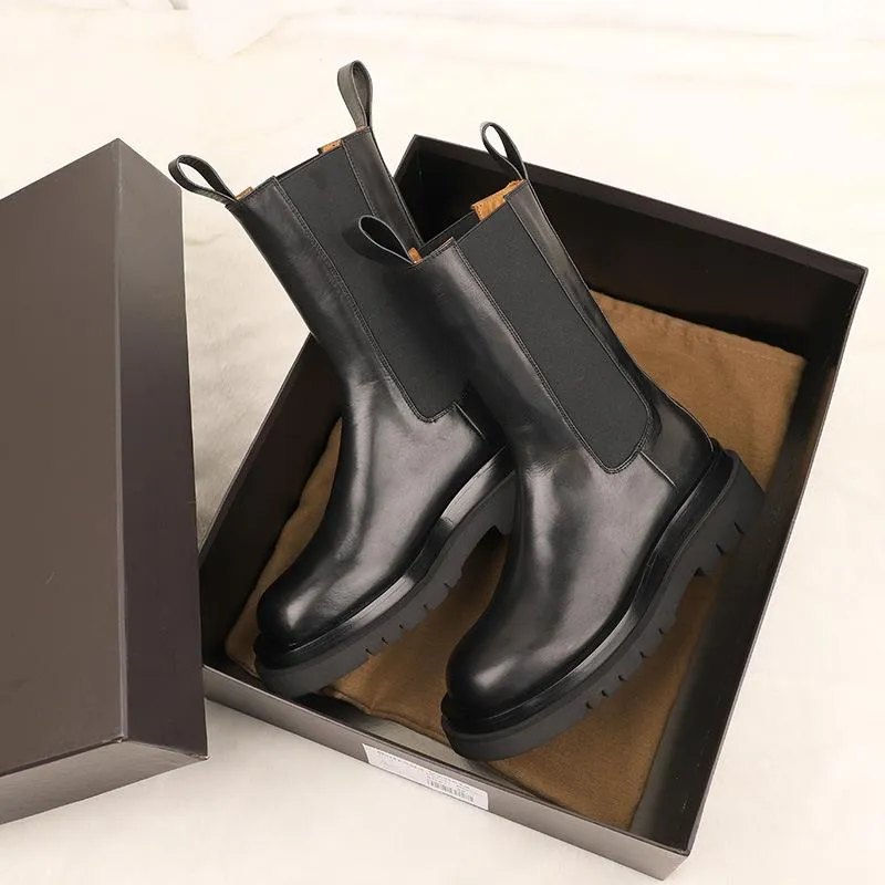 Women Fashion Fall Round Toe Chunky Heel Platform Black Chelsea Boots