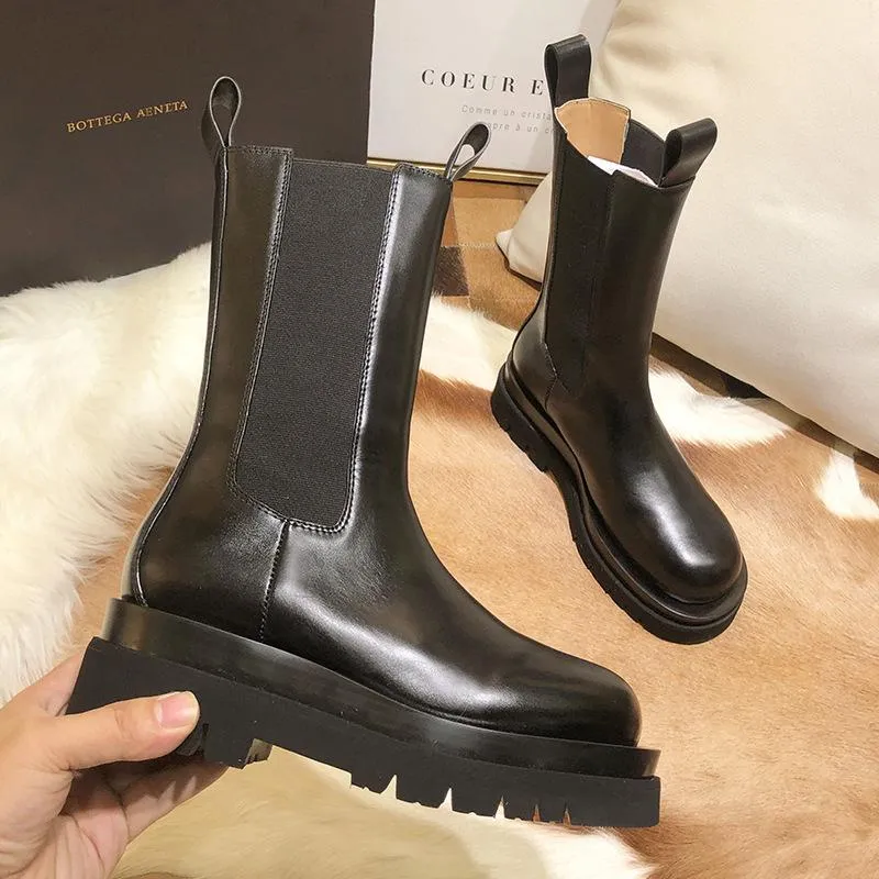 Women Fashion Fall Round Toe Chunky Heel Platform Black Chelsea Boots