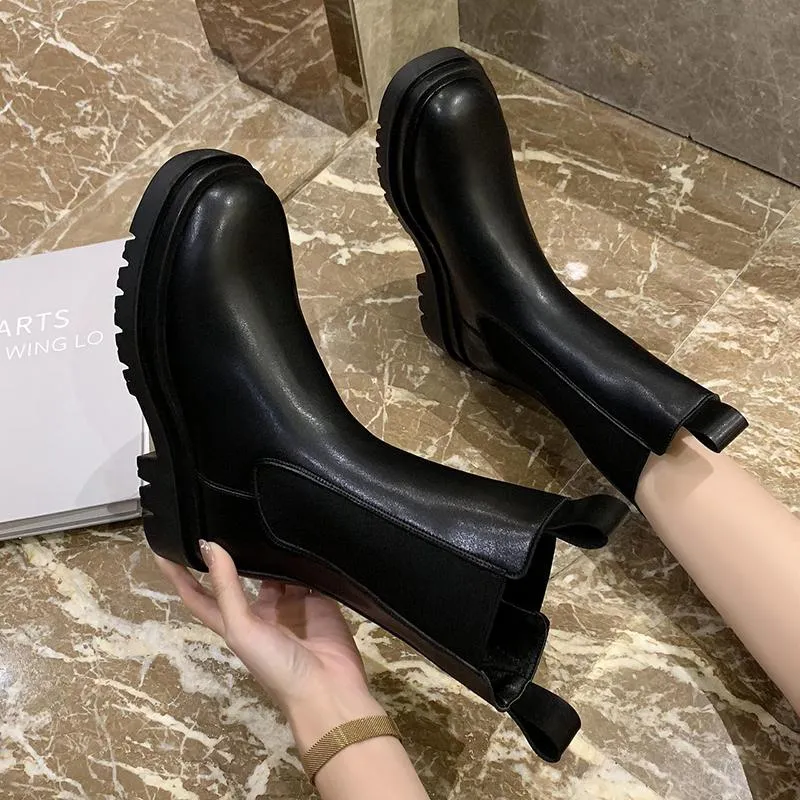 Women Fashion Fall Round Toe Chunky Heel Platform Black Chelsea Boots