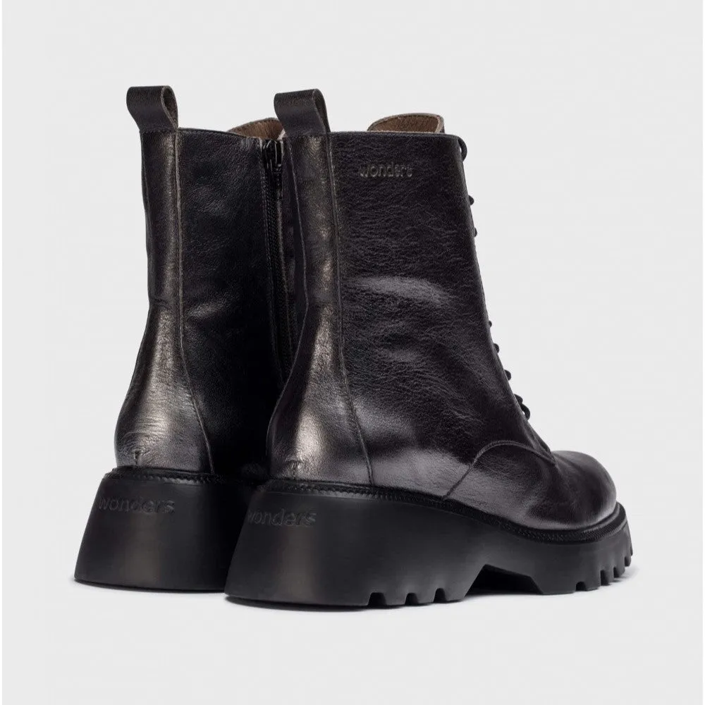 Wonders ATARI Black Combat Ankle Boots with Chunky Sole and Laces